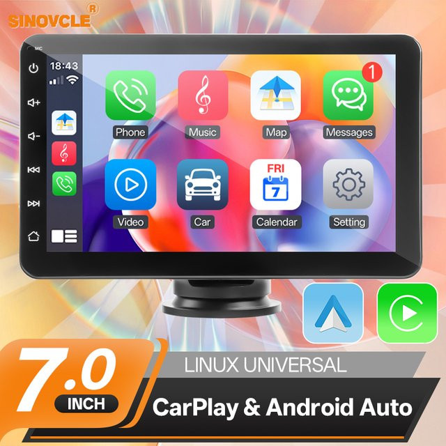 SINOVCLE 7 Zoll Tragbarer Drahtloser Carplay und Android Auto Multimedia Player mit IPS Touchscreen, Bluetooth, AUX und USB in Schwarz - Bild 1