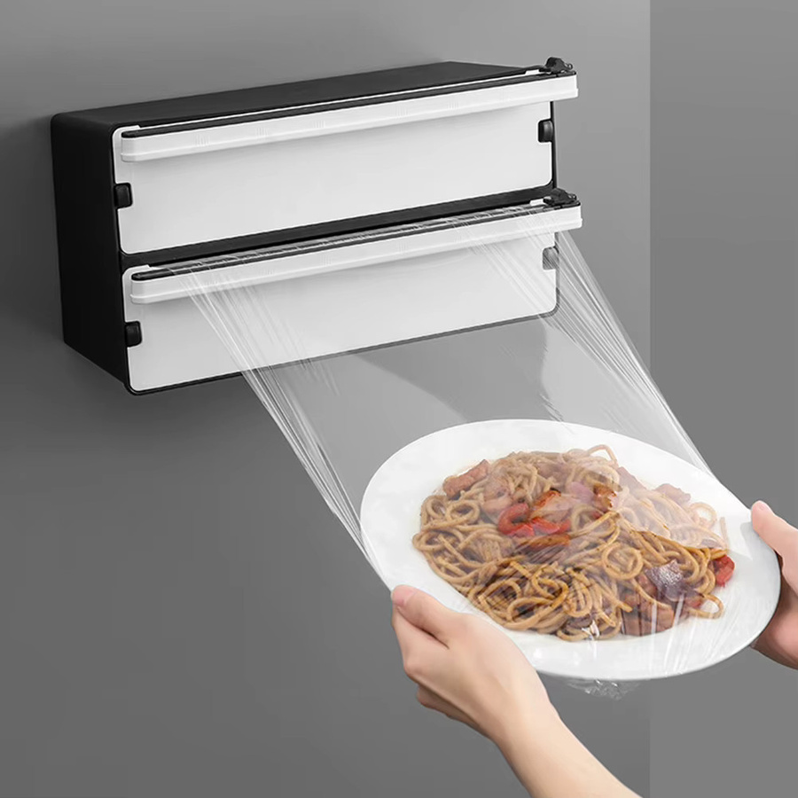 2 in 1 nachfüllbarer Frischhaltefolien-Spender mit integriertem Cutter in Schwarz aus Kunststoff für die professionelle Küchenorganisation - Bild 2
