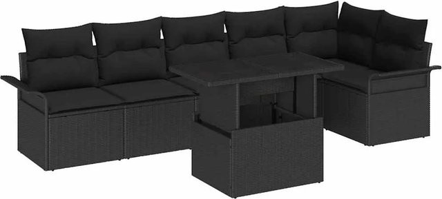 vidaXL 7-teiliges Garten Sofa Set in L-Form mit Kissen, Schwarz, Poly Rattan und Stahlrahmen - Bild 1