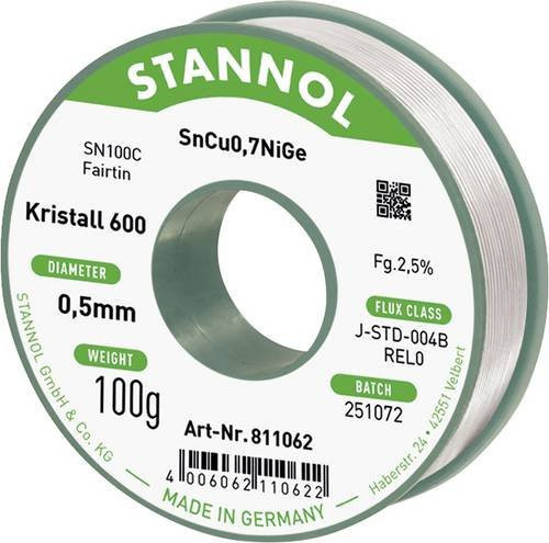 Stannol Lötdraht Kristall 600 bleifreies Lötzinn in Silber, Durchmesser: 0,5 mm, 100 g Spule - Bild 1