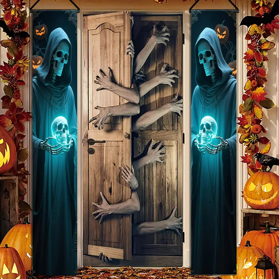 VIKAMA 2er-Set Halloween Party Banner Türvorhang mit leuchtenden Skeletten in Schwarz, Textil-Dekoration für Innen- und Außenbereich, B/H: 30 x 180 cm - Bild 4
