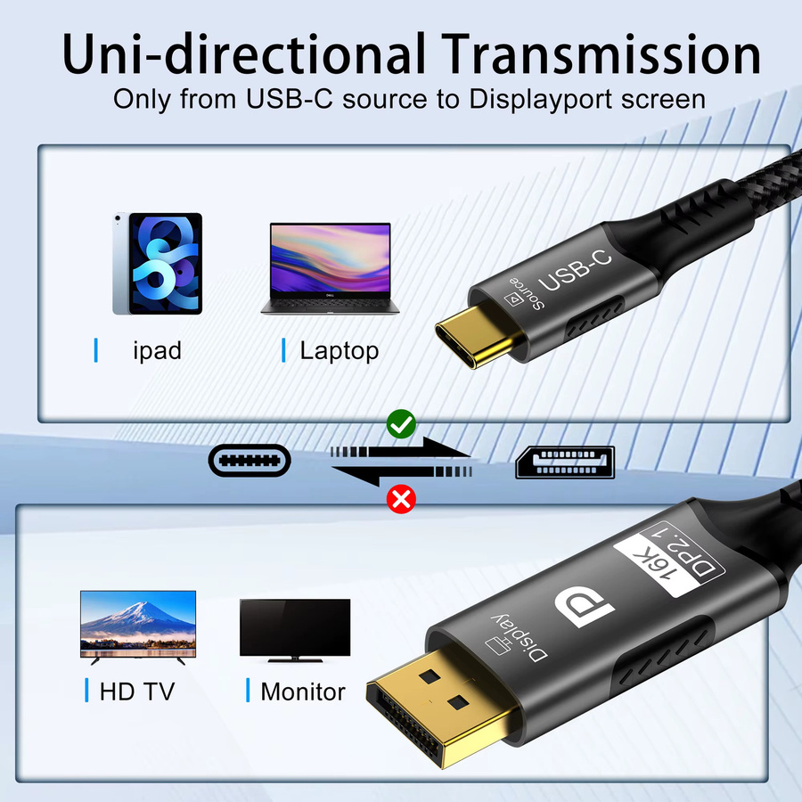 lmcnzz USB-C auf DisplayPort 2.1 Kabel in Schwarz, 16K@30Hz und 8K@60Hz, kompatibel mit Thunderbolt 4/3 für MacBook, Huawei Air, Projektor und PC - Bild 2
