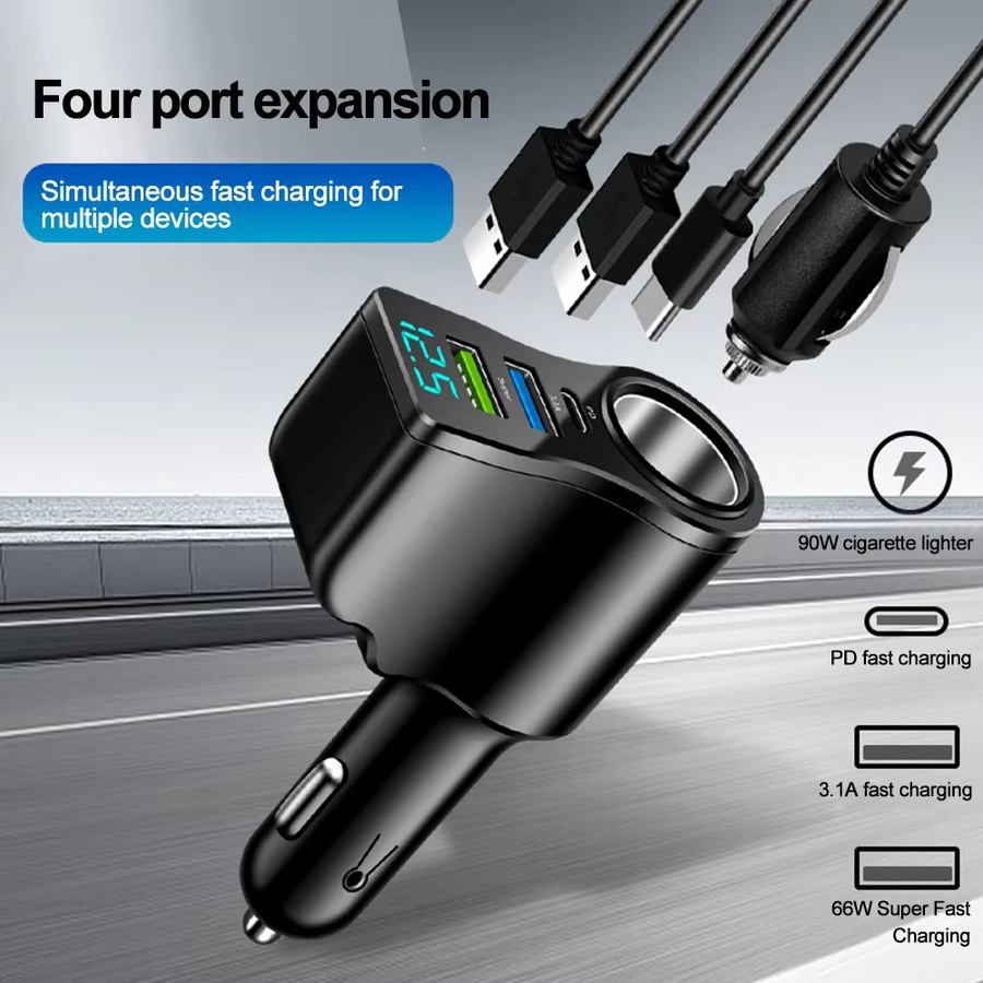 4-in-1 Autoladebuchse mit Netzteil und Verteiler, Schwarz, 2 USB-Anschlüsse inklusive USB Typ C PD für schnelles Aufladen mit Digitalanzeige, 12 V-24 V - Bild 2
