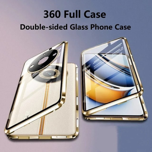 Doppelseitige Glas-Metall-Magnethülle für OPPO Realme 11 11 Pro Plus 5G in Grün und Gold mit 360 Grad Rundumschutz - Bild 1