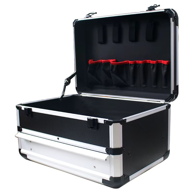 Tragbarer Aluminium-Werkzeugkoffer mit Schubladen in Schwarz, Multifunktions-Werkzeugaufbewahrung und Geräte-Organizer, B/T/H: 39,0 x 27,0 x 22,0 cm - Bild 3
