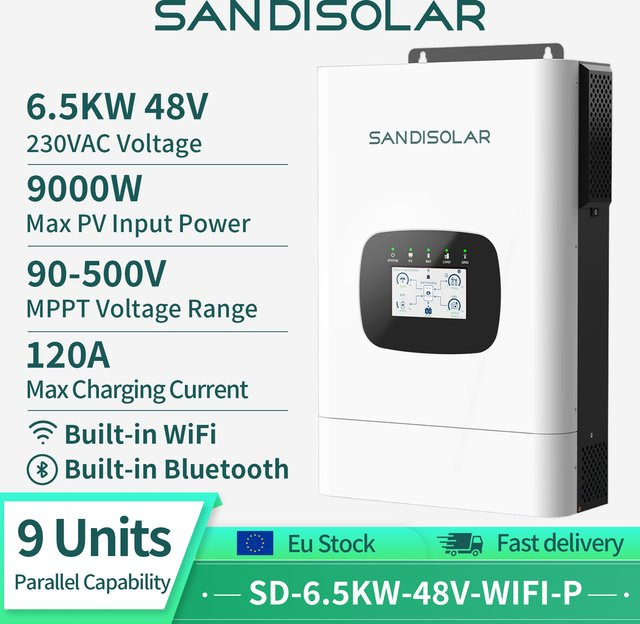 SANDISOLAR Hybrid Solar-Wechselrichter 6,5kW 48V 9000W PV-Eingang Reine Sinuswelle Off-Grid On-Grid System in Weiß - Bild 1