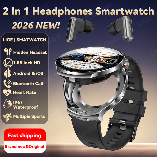 LIGE 2-in-1 Smartwatch mit integrierten TWS-Bluetooth-Kopfhörern, 1,85 Zoll Display, Herzfrequenzmessung und Telefonfunktion, Schwarz - Bild 1