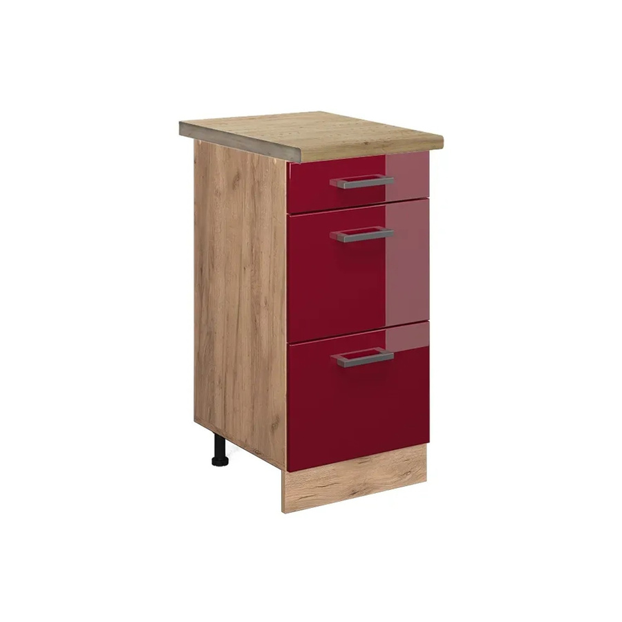 Vicco Küchenunterschrank R-Line Bordeaux Hochglanz in Goldkraft Eiche mit Schubladen, Breite: 40 cm, Tiefe: 60 cm, Höhe: 81,6 cm - Bild 2