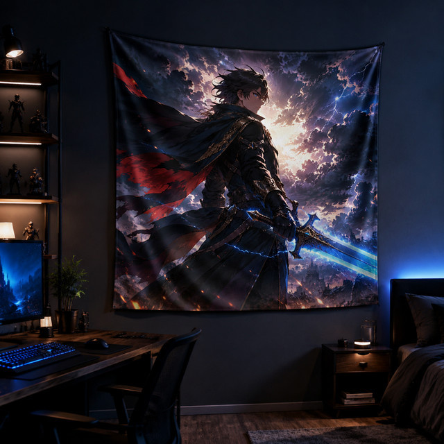 VIKAMA Anime Wandteppich Sturm-Schwert-Reitmotiv im Dunklen Fantasy-Stil, Mehrfarbiger Wandbehang mit Jugendfigur und Schwert als Raumdekoration - Bild 1