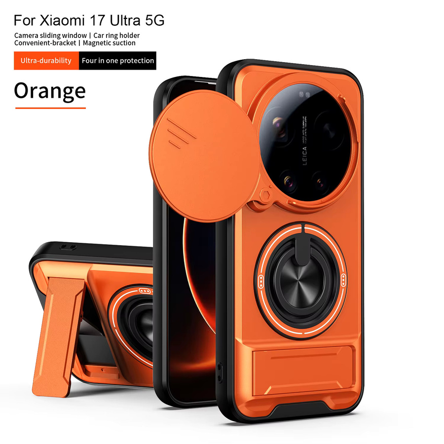 Xiaomi 17 Ultra Handyhülle mit Magsafe Magnetischem Klapphalter und Kameraschutz in Schwarz und Orange - Bild 2