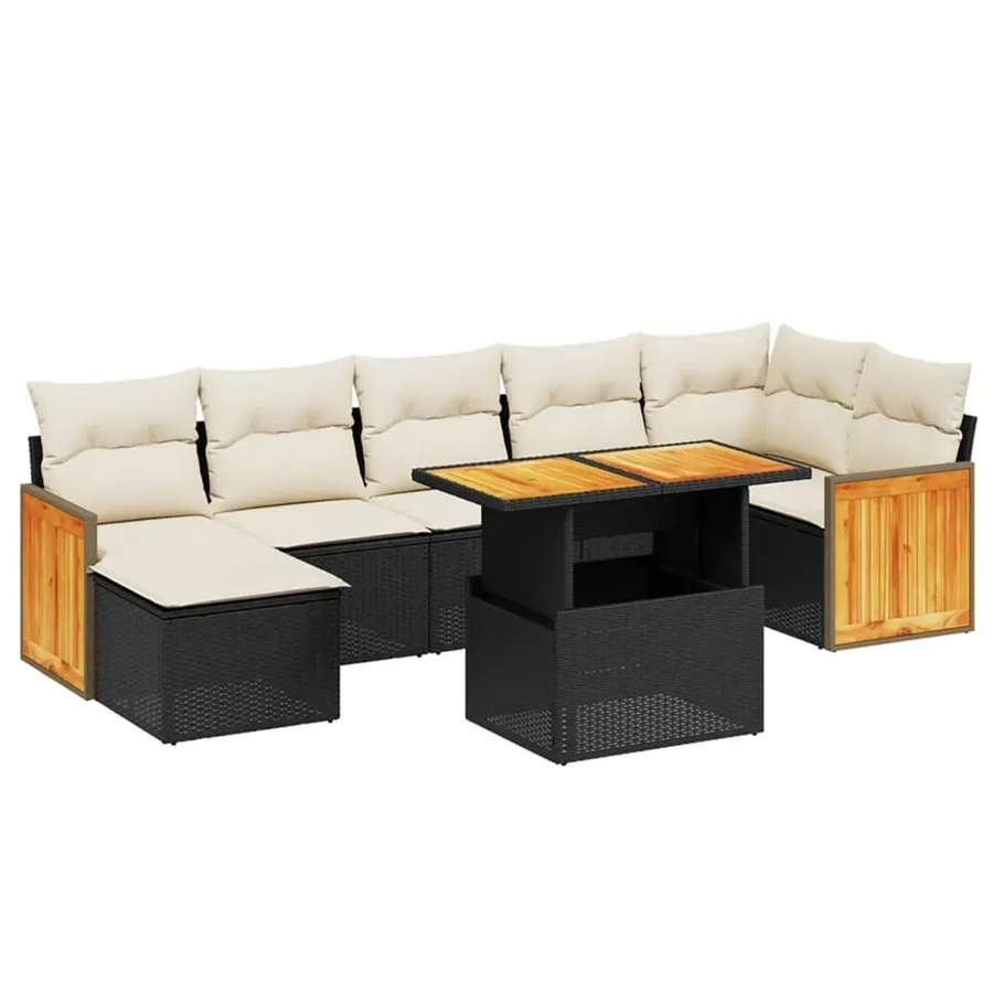 vidaXL 8-teilige Garten-Sofagarnitur in L-Form aus schwarzem Poly-Rattan mit Kissen und Akazienholz - Bild 2
