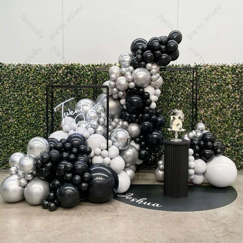 LQVYI Ballonbogen Girlande Set aus Latex in Schwarz, Weiß und Silber Metallic für Hochzeit und Geburtstag Dekoration - Bild 1