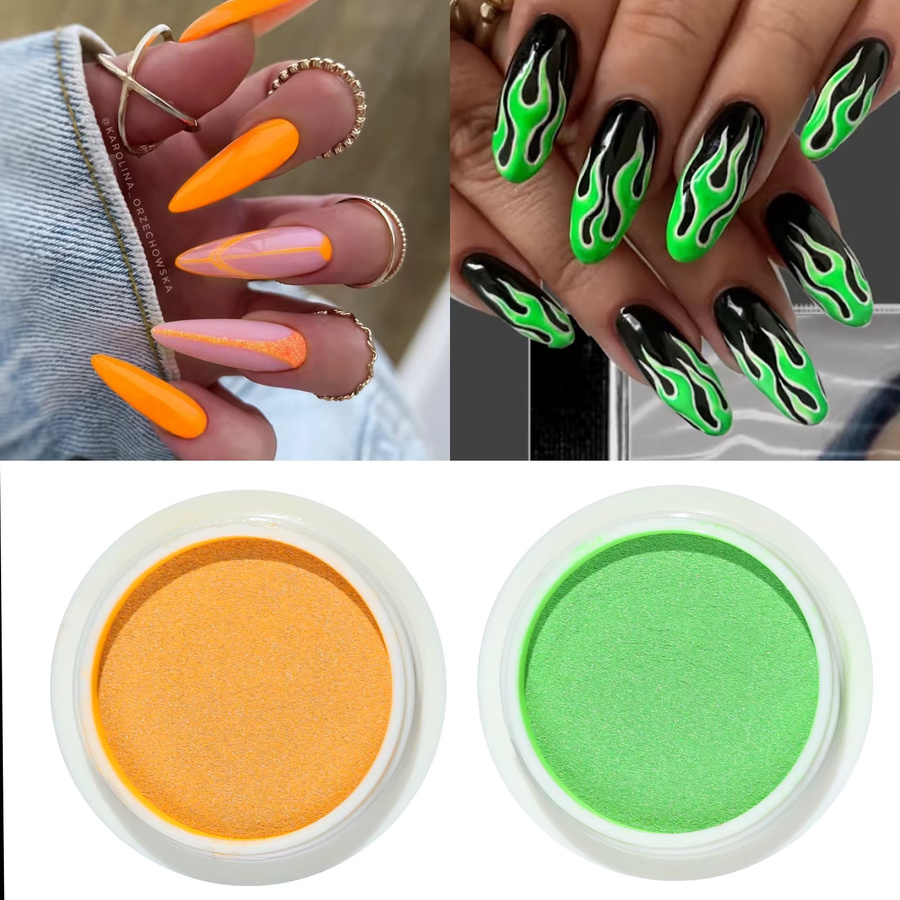 Misscheering Nagelkunst Puder, Neon Orange Grün, Schimmernd, 2 Stück - Bild 3