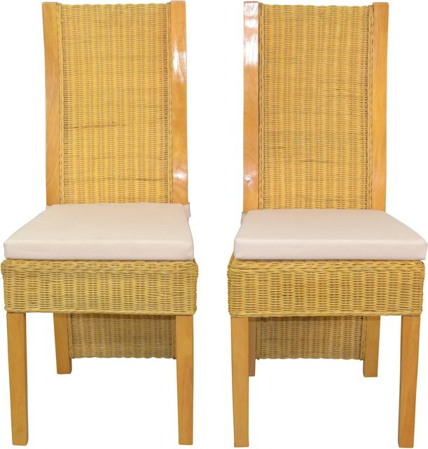 möbel direkt online Rattanstuhl 2er-Set mit Sitzkissen aus Pinien-Massivholz in Beige - Bild 1
