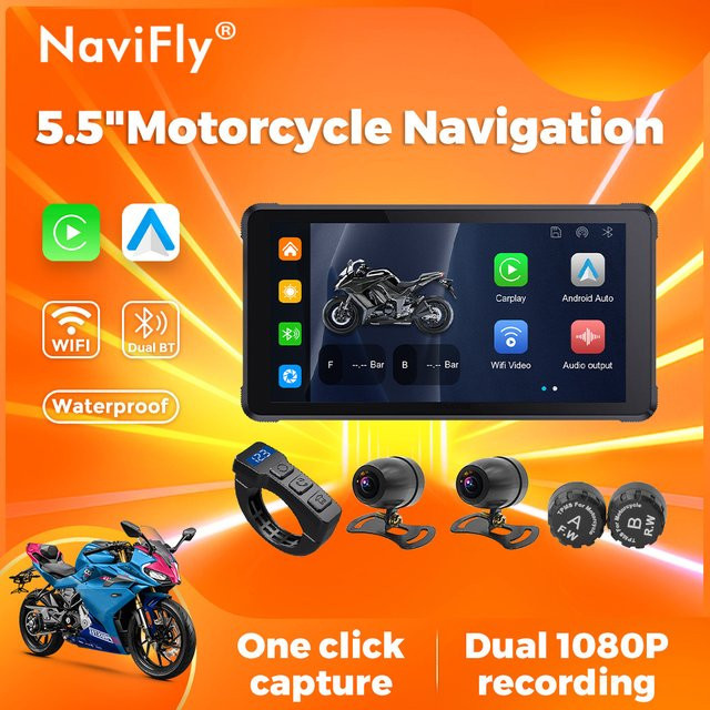 NaviFly Tragbare Motorrad-Navigation mit 5,5 Zoll Display, IP67 Wasserdicht, Wireless CarPlay, Android Auto, Bluetooth, WiFi und Dual-Kamera in Schwarz - Bild 1