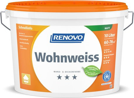 RENOVO Wand- und Deckenfarbe Wohnweiss, stumpfmatt, Weiß, 10 l - Bild 1