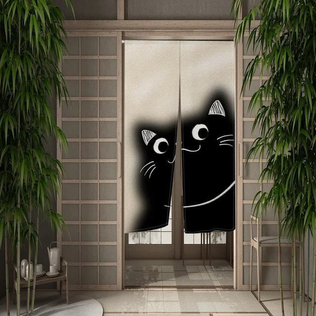 VIKAMA Katzen-Türvorhang im japanischen Noren-Stil mit Cartoon-Motiv, schwarz-weiß, Breite: 120 cm, Höhe: 70 cm - Bild 1