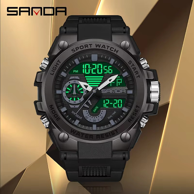 SANDA Armbanduhr, Analog-Digital, Quarz, Silikon, Herren, Schwarz - Bild 3