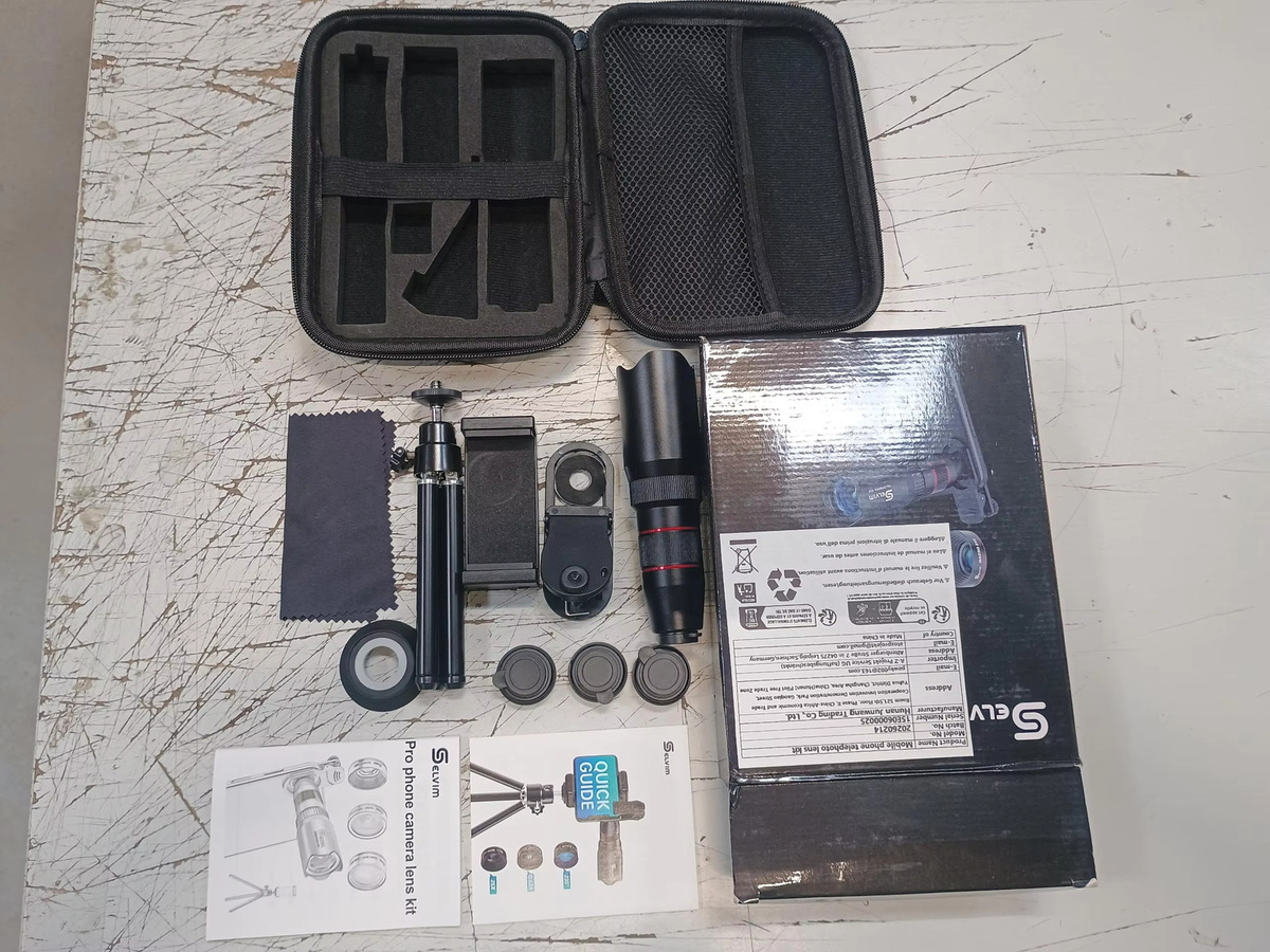 VersandMobiles Handy Linsen-Kombinationsset in Schwarz mit Stativ, bestehend aus 22X Teleobjektiv, 25X Makro Objektiv, 0,62X Weitwinkel und 235° Fischauge Objektiv, universelles Smartphone Linsen Kit - Bild 3