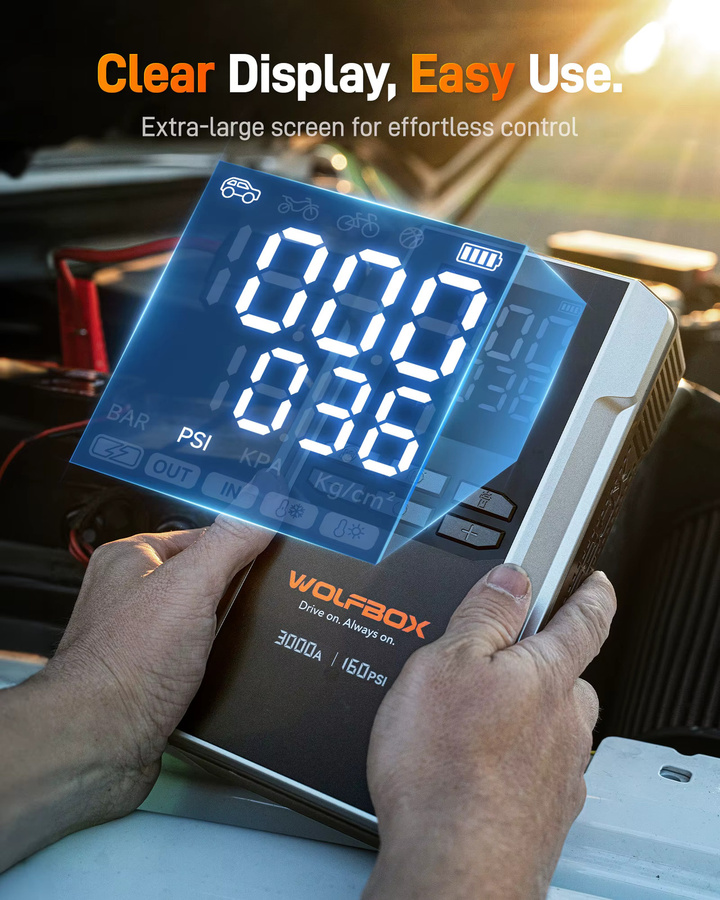 WOLFBOX 3000A Starthilfe mit integriertem Luftkompressor, 16000 mAh Powerbank und 65 W Schnellladung, Schwarz - Bild 4