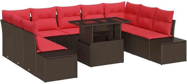vidaXL Garten-Sofa-Set in L-Form mit Kissen und integriertem Stauraum, Braun und Rot - Bild 1