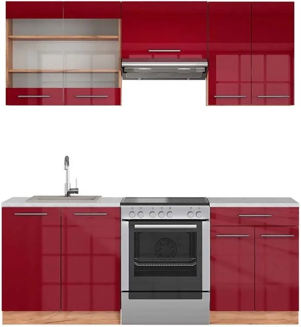 Vicco Fame-Line Küchenschrank Bordeaux Hochglanz und Goldkraft Eiche mit Marmor-Optik, Breite: 200 cm - Bild 1