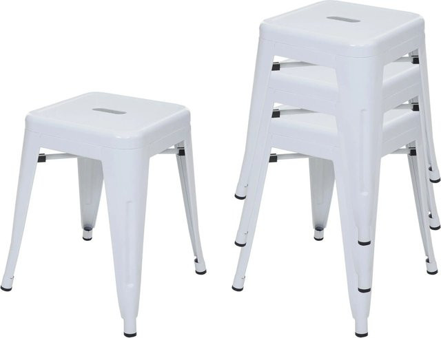 PROREGAL 4er-Set Stapelbare Hocker im Industrial-Design aus Metall und Ulmenholz, Farbe: Weiß, Sitzhöhe: 46 cm - Bild 1