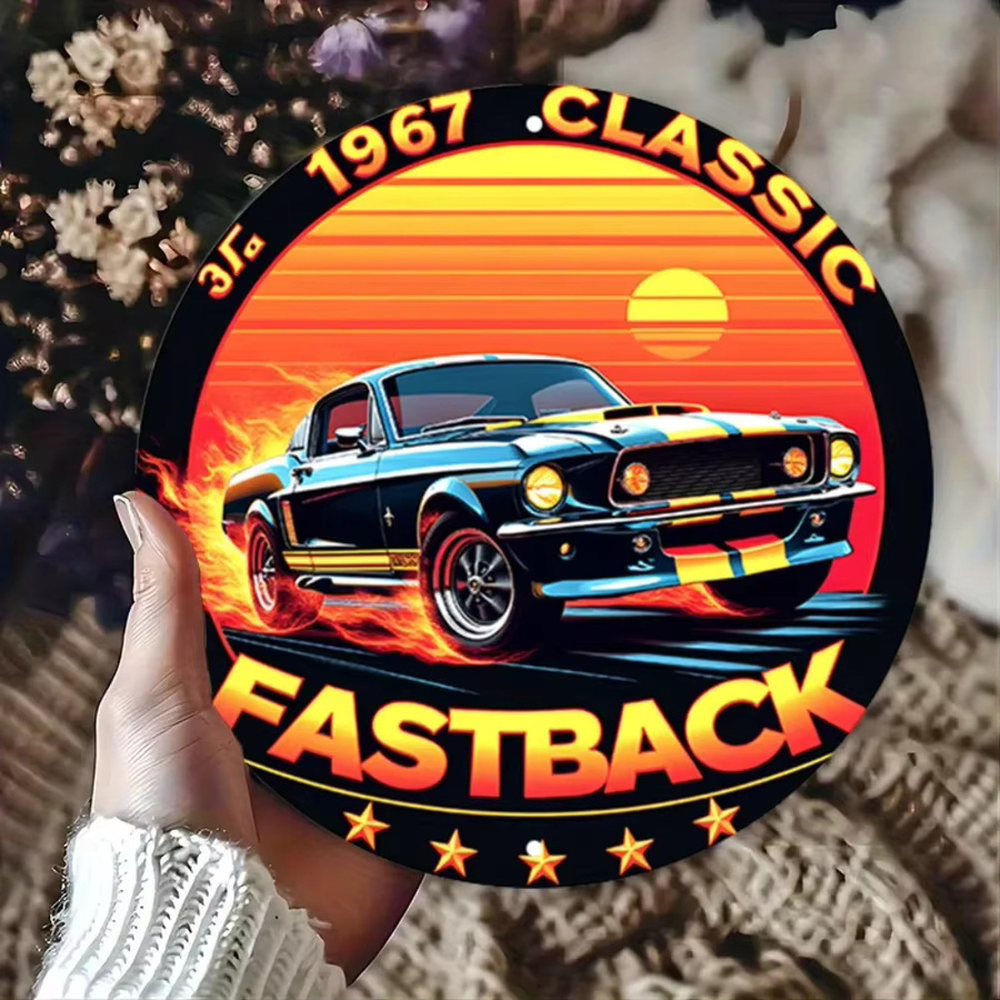 Rundes Vintage Aluminium-Metallblechschild Potdemiel mit 1967 Classic Fastback Design, Flammen und Sonnenuntergang, Durchmesser: 20 cm, Mehrfarbig - Bild 4