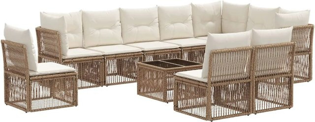 vidaXL Gartensofa-Set 11-tlg. in U-Form aus Poly-Rattan und pulverbeschichtetem Stahl, Beige mit Polstern und Kissen - Bild 1