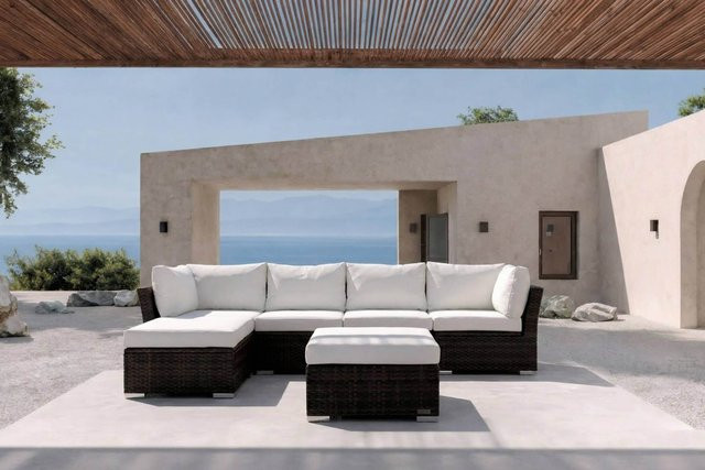 OUTFLEXX Gartenlounge L-Form in Braun Marmoriert mit Polyrattan, Aluminiumgestell, Kaffeetisch und Kissenbox für 5 Personen - Bild 1