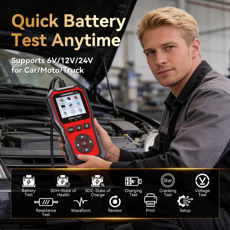 KONNWEI KW331 Auto Batterie Tester für 6 V-12 V-24 V und 100-2000 CCA professioneller Anlasser und Ladeschaltung Analysator - Bild 2