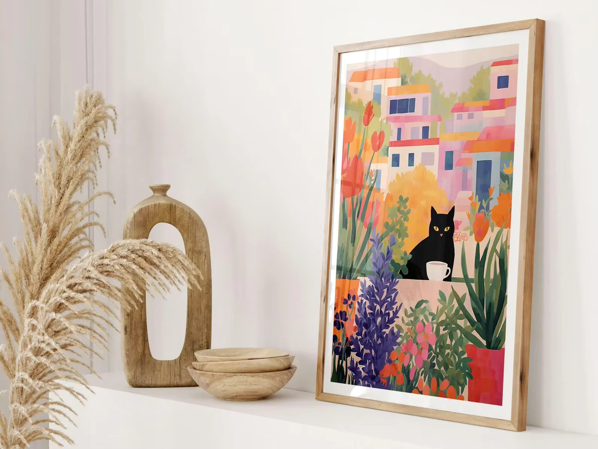 SHENCHEN Blumen-Kunstdruck mit Katze und botanischen Illustrationen, Mehrfarbig, Papierposter - Bild 2