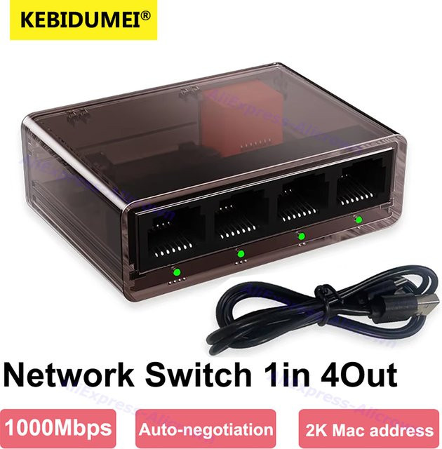 Kebidumei 4-Port Gigabit Ethernet Switch RJ45 LAN Mini-Netzwerkerweiterung in Transparent - Bild 1