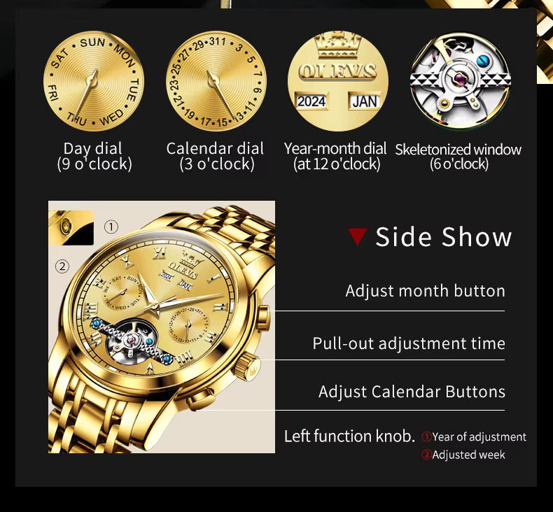 OLEVS Armbanduhr, Automatik, Edelstahl, Gold, Herren - Bild 5