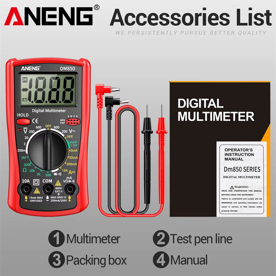 ANENG DM850 Professionelles Digitales Multimeter als AC DC Voltmeter Amperemeter und Ohm Meter für Dioden- und Transistor-Tests - Bild 5