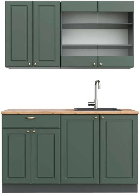 Vicco Fame-Line Singleküche im Landhausstil, Farbe Grün-Gold-Anthrazit mit Eiche-Optik, Breite: 140 cm - Bild 1