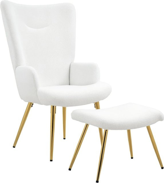 HOMCOM Ohrensessel mit Hocker in Weiß mit Gold-Details aus Polyester und Stahl, B/T/H: 68 x 73 x 111 cm - Bild 1