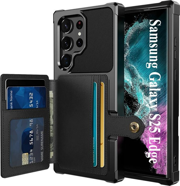 Flip Wallet Case Leder Schutzhülle für Samsung Galaxy S25 Ultra S24 S23 S22 S21 FE und S25 Plus stoßfeste Abdeckung mit Kreditkartenfach in Schwarz oder Rot - Bild 1