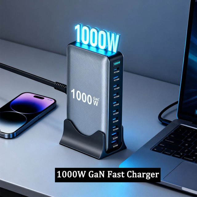 GaN USB-C PD 3.1 Desktop Schnellladegerät mit 1000 W / 950 W Ladestation Adapter in Grau - Bild 1
