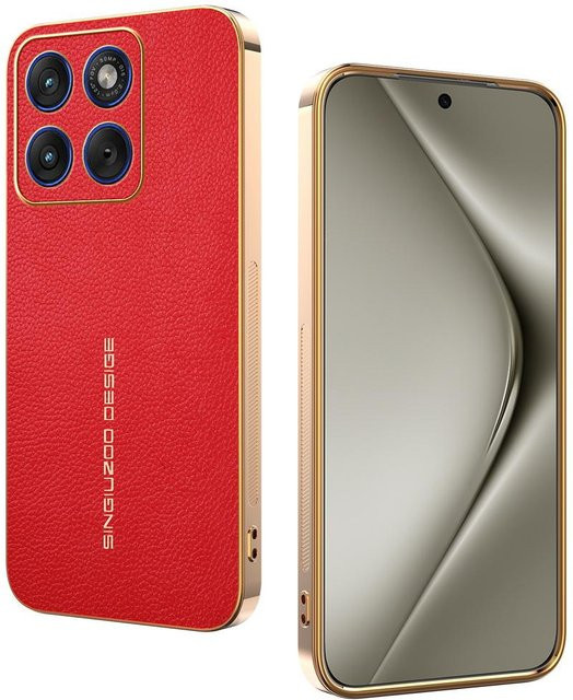Motorola Edge 50 Serie Lychee-Leder Schutzhülle mit Galvanik-Rahmen in Rot/Mehrfarbig - Bild 1