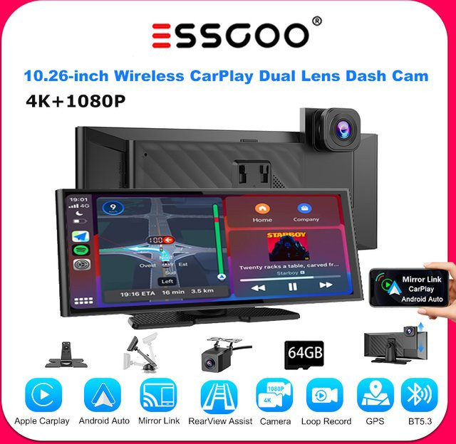ESSGOO Tragbares Autoradio mit 10,26 Zoll Touchscreen, Wireless CarPlay und Android Auto, inklusive 4K Frontkamera und 1080p Rückfahrkamera, Schwarz, mit Bluetooth, USB, AUX und FM - Bild 1