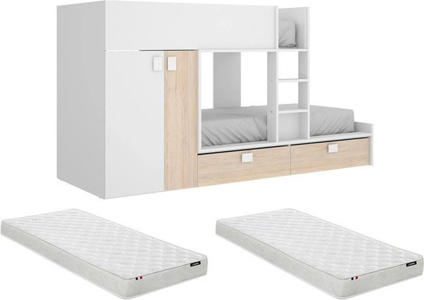 Vente-unique Etagenbett Juanito für Kinder in Naturfarben Hell und Weiß, Höhe: 275 cm, Breite: 90 cm, Tiefe: 190 cm