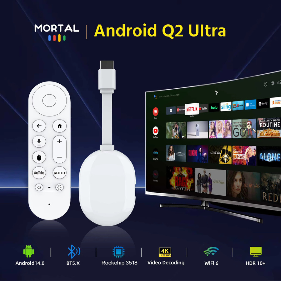 LVMAO Q2 Ultra 4K HDR Media Streamer Android 14 TV Stick in Weiß mit Sprachfernbedienung, Bluetooth und Wi-Fi 6, 2GB RAM, 16GB Speicher - Bild 2