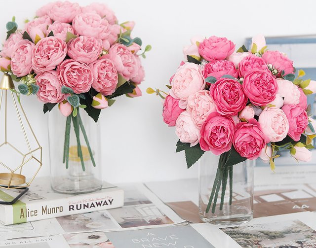 Kahaul Künstliche Pfingstrosen als Blumenstrauß für Hochzeit, Party und Tischdekoration in Pink und Gelb - Bild 1