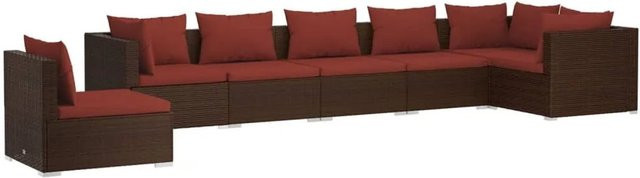vidaXL 7-tlg. Garten-Lounge-Set in L-Form aus Poly-Rattan mit Kissen in Braun und Rot - Bild 1