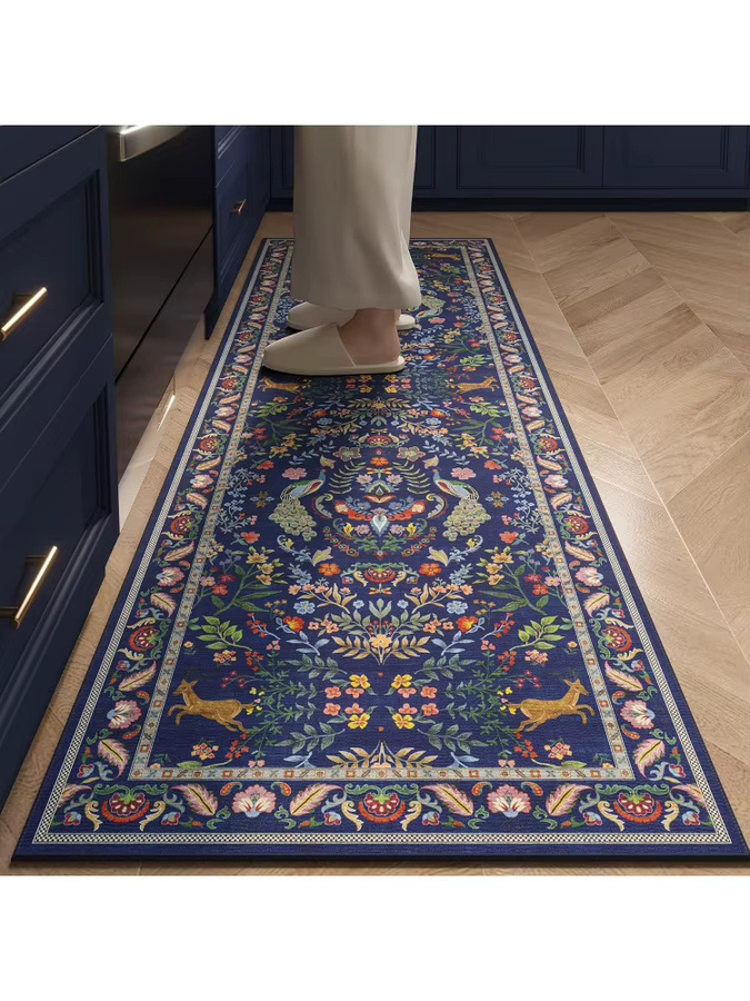 VIKAMA Vintage Ethno-Blumenteppich in Blau, strapazierfähiger und rutschfester Teppich für Flur und Schlafzimmer - Bild 5