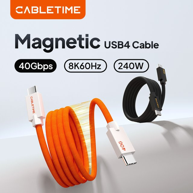 CABLETIME Magnetisches USB4-Kabel mit 240W und 80Gbps für 8K, USB-C Typ-C Schnellladekabel kompatibel mit Thunderbolt 4/5, Schwarz-Orange - Bild 1