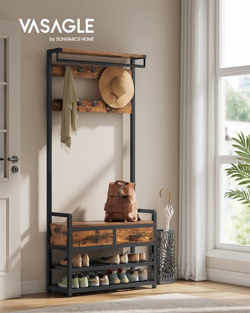 VASAGLE Garderobenständer mit Schuhbank und Haken, Braun-Schwarz, B/T/H: 80,4 x 30 x 181,6 cm - Bild 1
