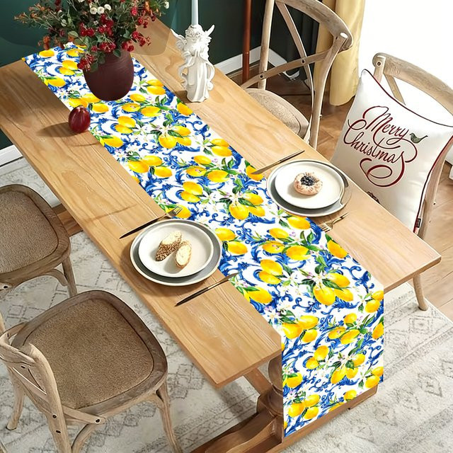 AFYPRTY Tischläufer mit tropischen Zitronen und floralem Design, weiß/mehrfarbig, B: 180 cm, H: 35 cm - Bild 1