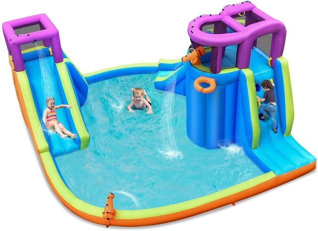 GOFLAME Hüpfburg mit Wasserrutsche, Kletterwand, 4 Sprinklern, 2 Wasserkanonen & Planschbecken, Outdoor-Wasserpark, Bunt / Mehrfarbig - Bild 1